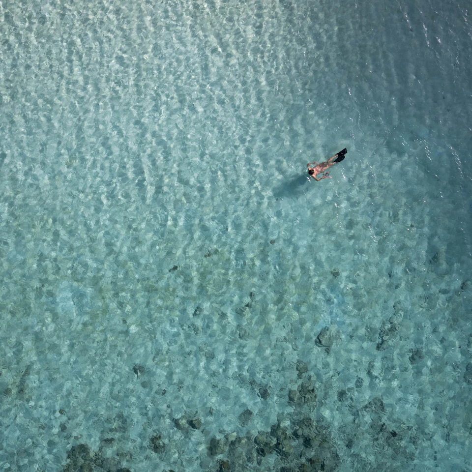 Two people swimming in bright clear turquoise ocean water on a sunny day