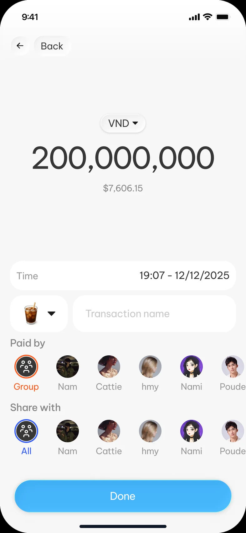 OnePlan shared expense screen with who paid and split between friends