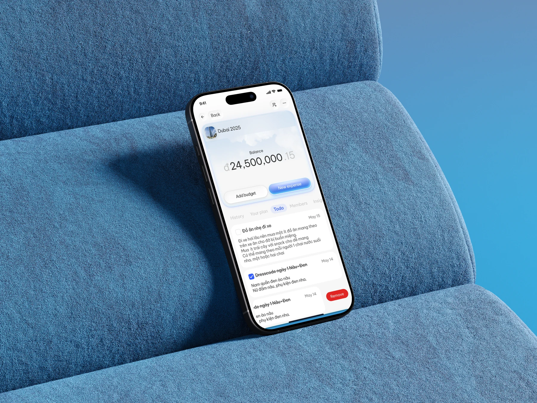 OnePlan expense overview on an iPhone on a blue sofa