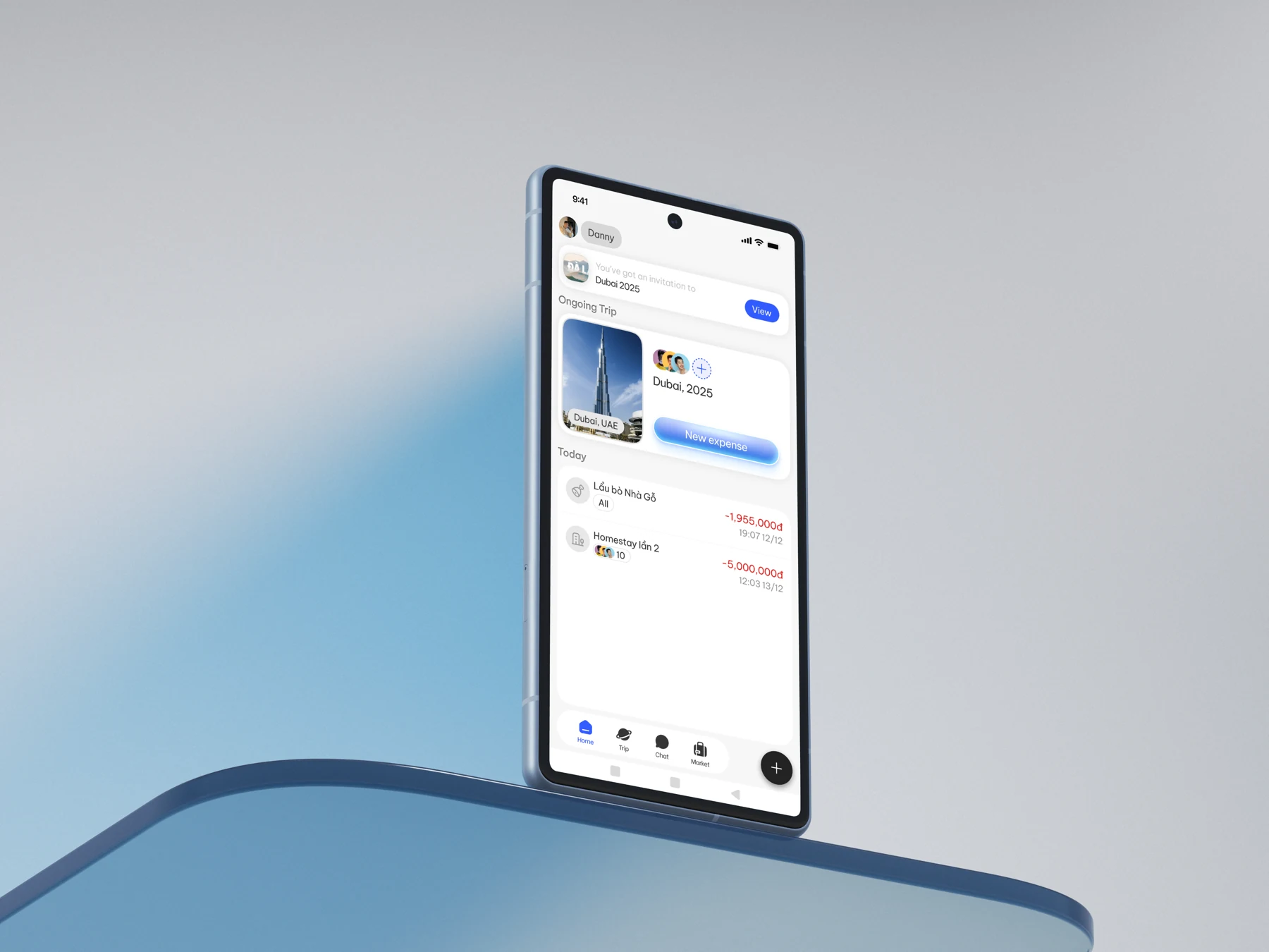 OnePlan home screen on a phone beside a sunlit blue table