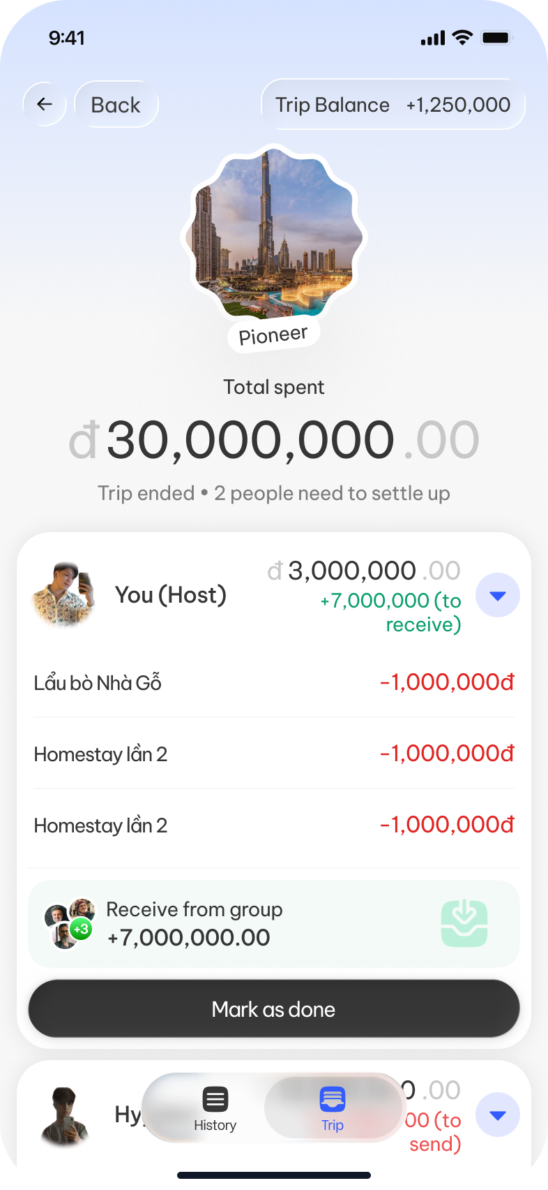 Bảng chốt sổ và chia tiền cuối chuyến trong OnePlan