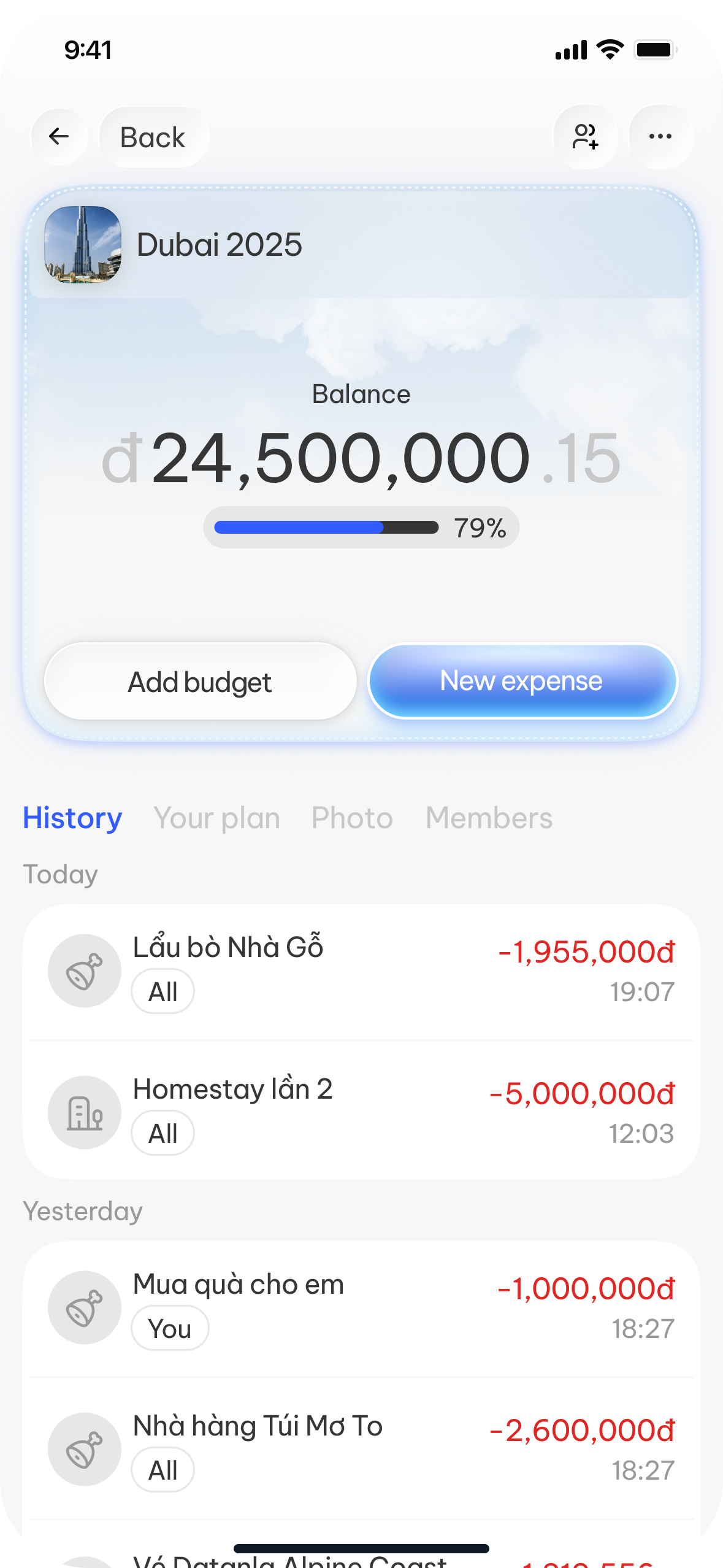 OnePlan shared expenses, split with the group